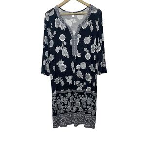 J. Jill Black White Floral V Neck Dress Size Large